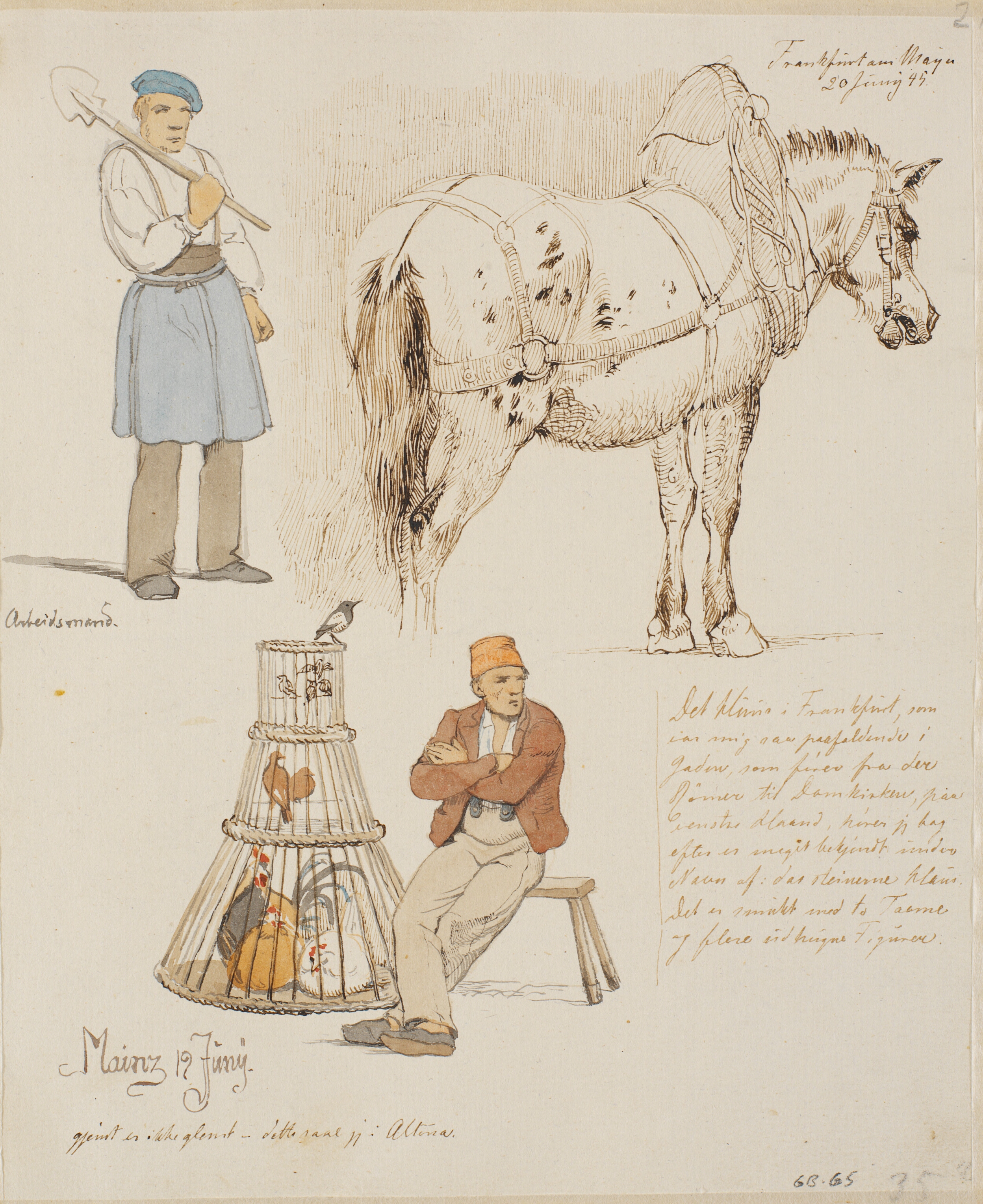 Forskellige studier. F.o.t.v. en mand med en spade, f.o.t.h. en hest med seletøj, f.n.t.v. en siddende mand med et flettet bur med fugle